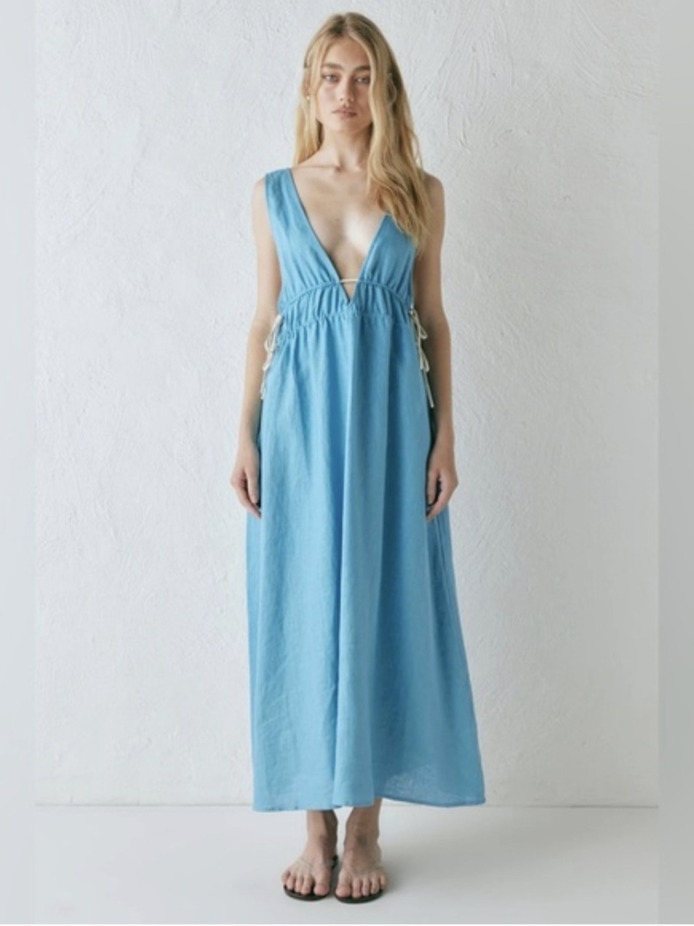 VRG GRL 100% Linen Deep V Plunging Neck Side Tie Blue Dress Resort Beach Maxi